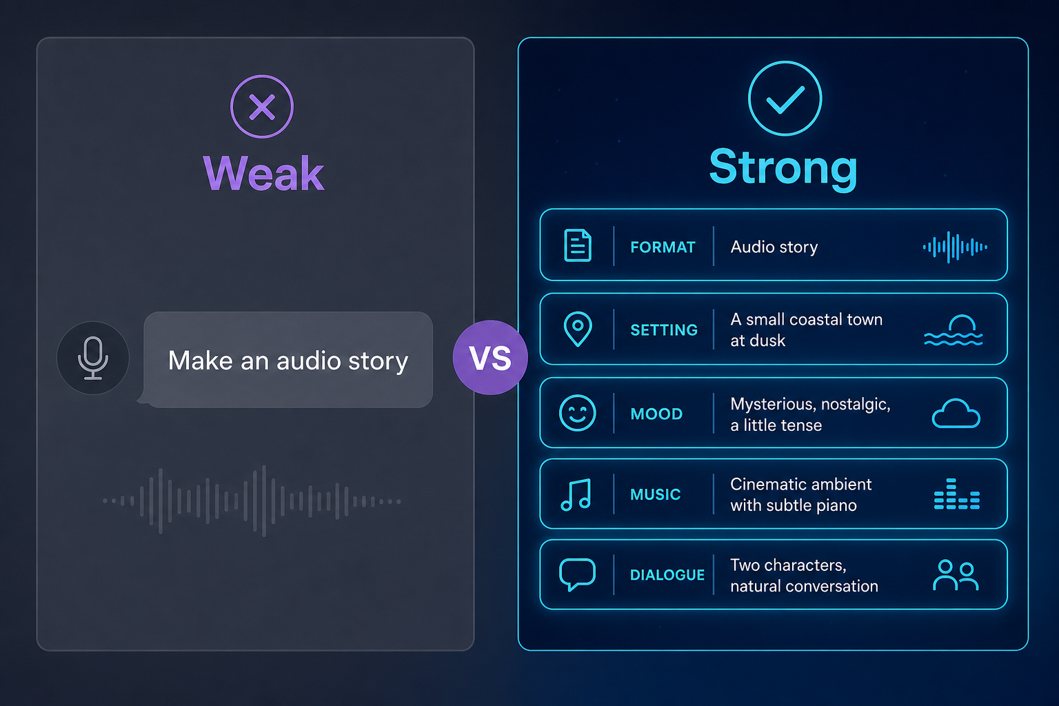 Comparison of a weak vague audio prompt versus a strong layered Seed Audio 1.0 prompt with format, setting, mood and dialogue.