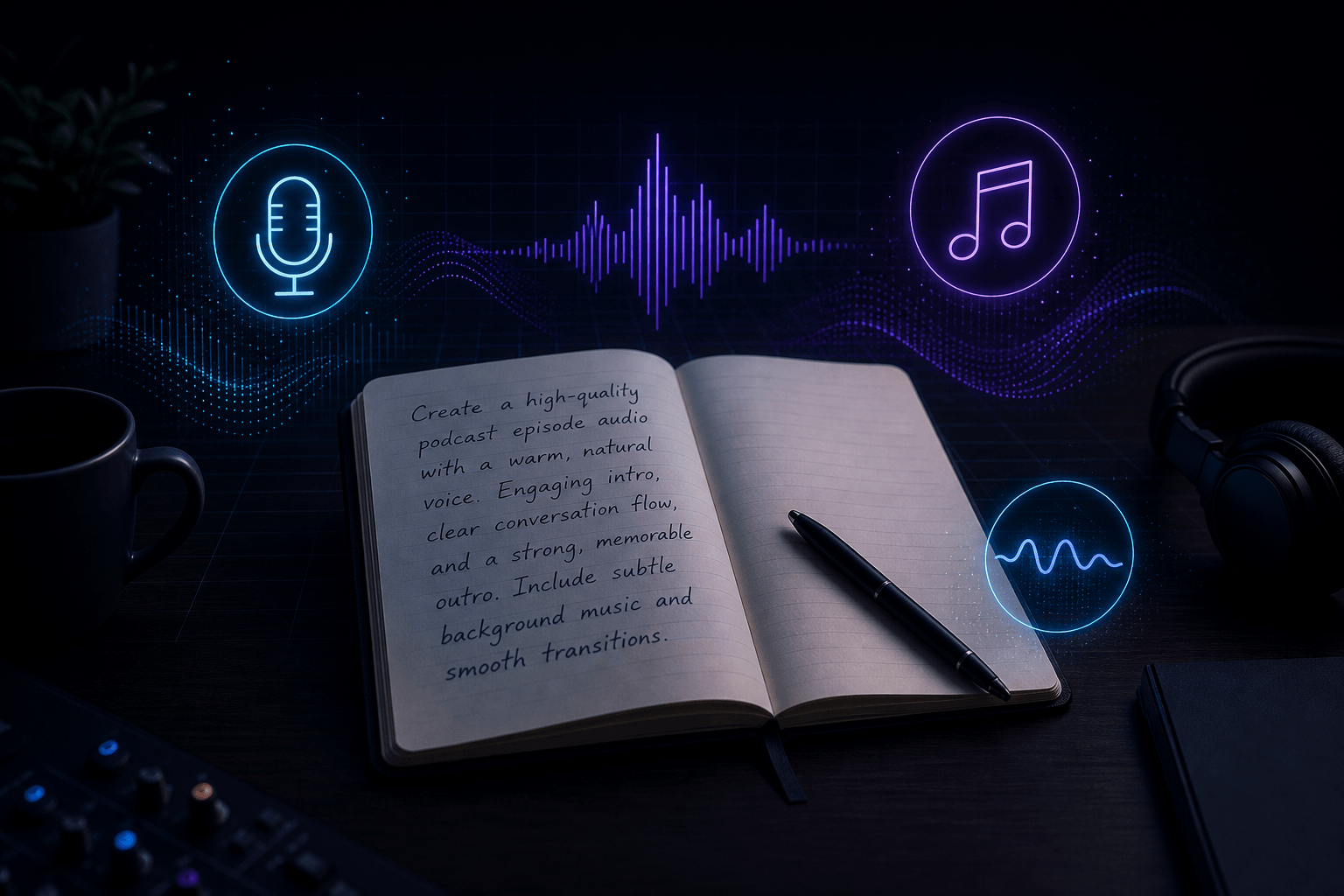 Illustration of writing a layered audio prompt in a notebook with microphone, music and sound wave icons.