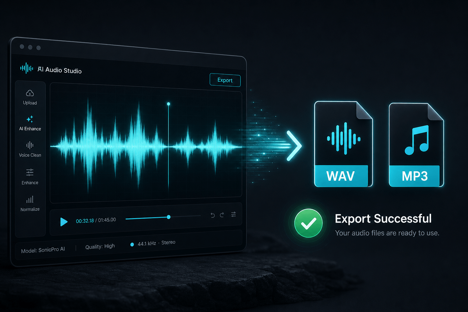 Illustration of a generated waveform turning into downloadable WAV and MP3 export files.